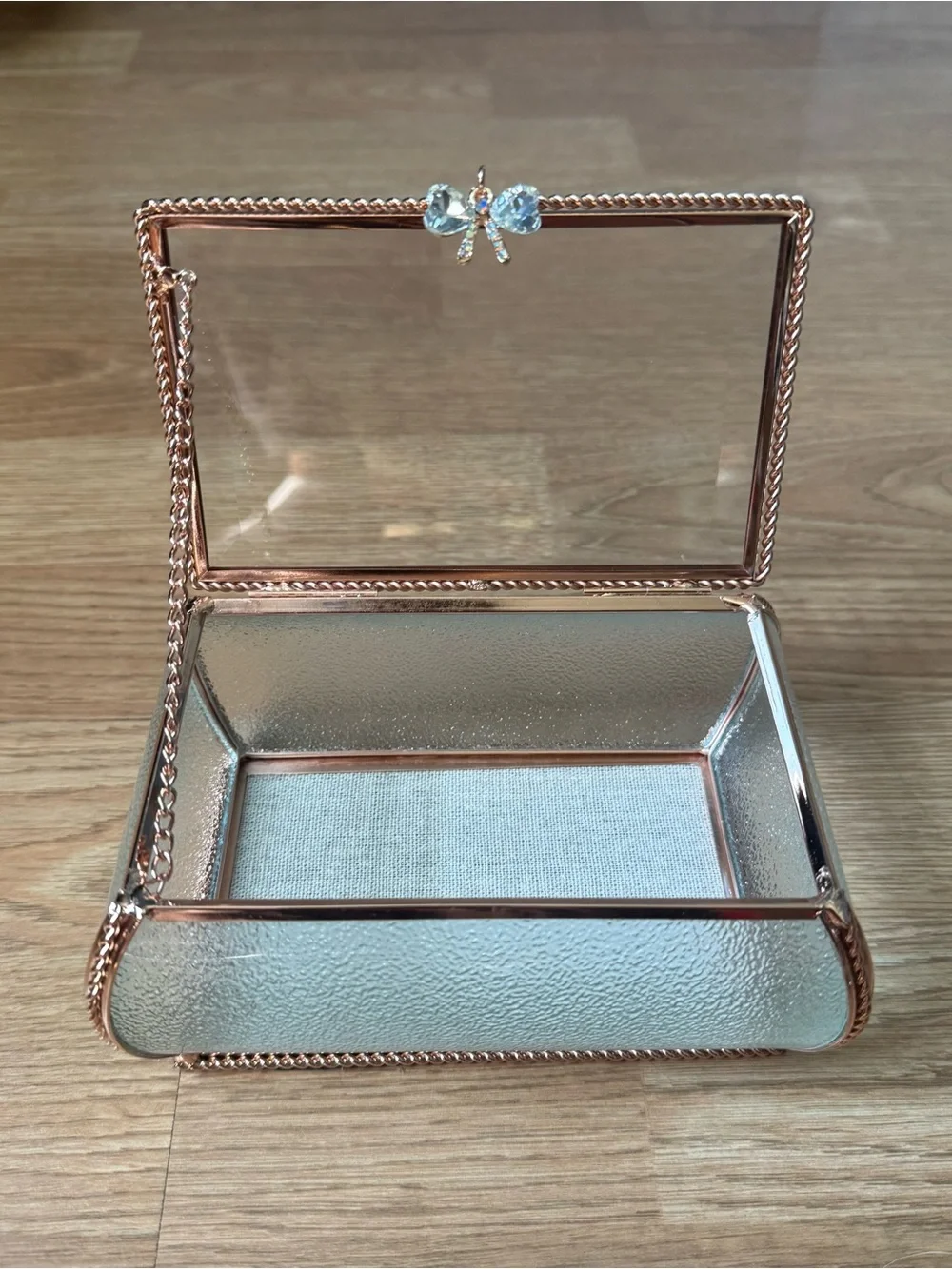 Nicole Miller Rose Gold Glass Jewelry Box with Crystal Bow Accent
